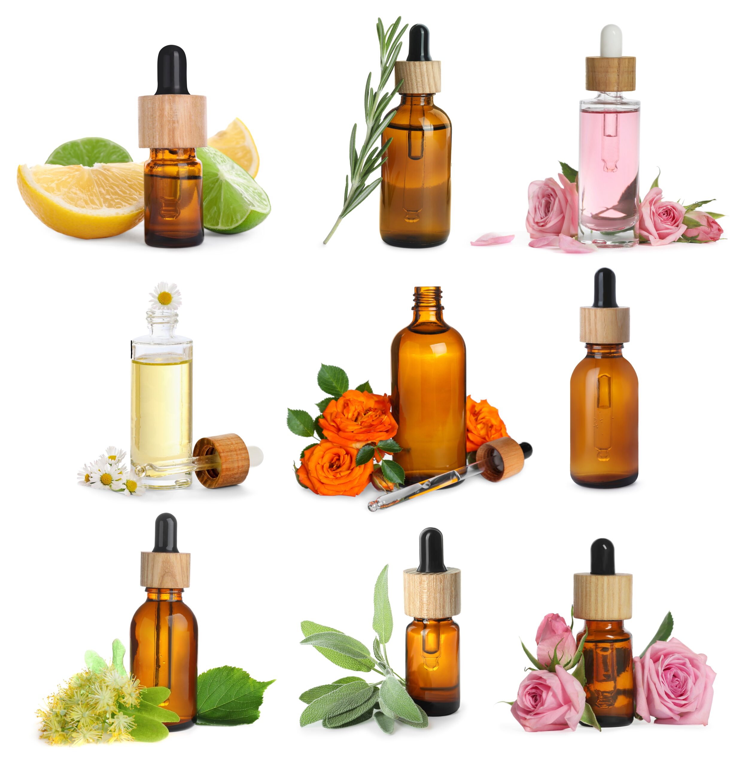 Many,Different,Essential,Oils,And,Ingredients,On,White,Background,,Collage